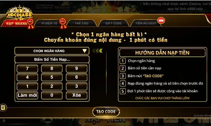 Nạp tiền Xocdia88 qua ngân hàng